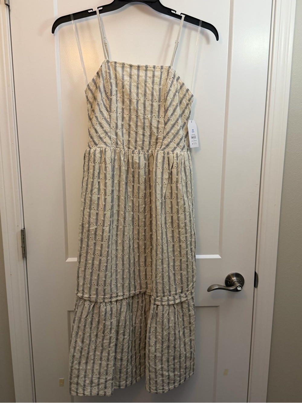 XS Spaghetti-Strap Tiered eyelet Midi Dress - Cream with Blue Stripes